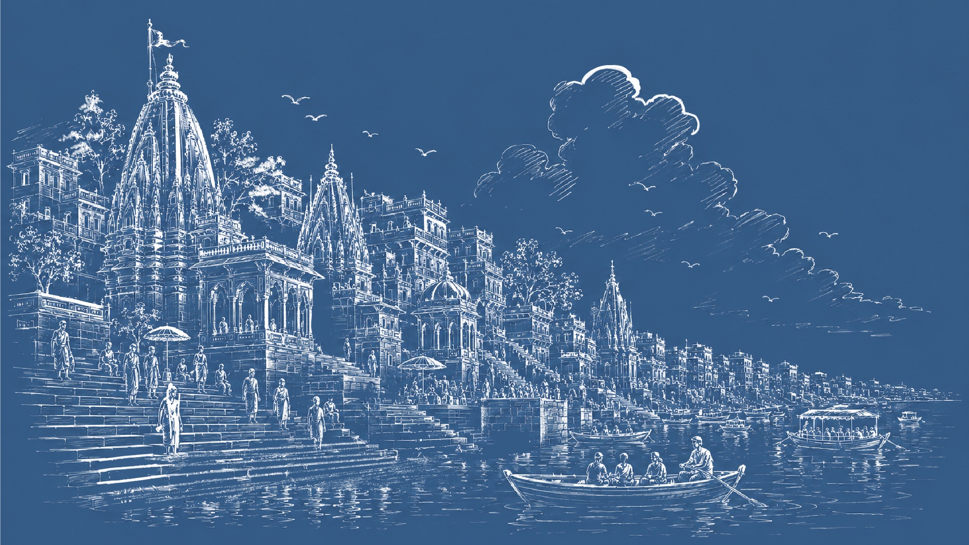 Illustrated river ghats at dusk with temples, boats and figures on the steps