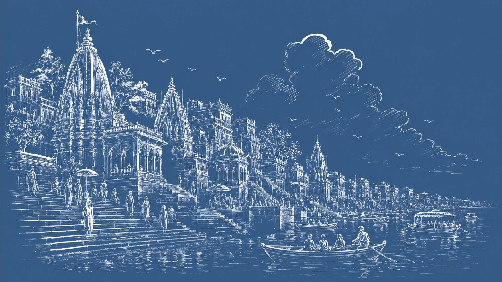 Illustrated river ghats at dusk with temples, boats and figures on the steps